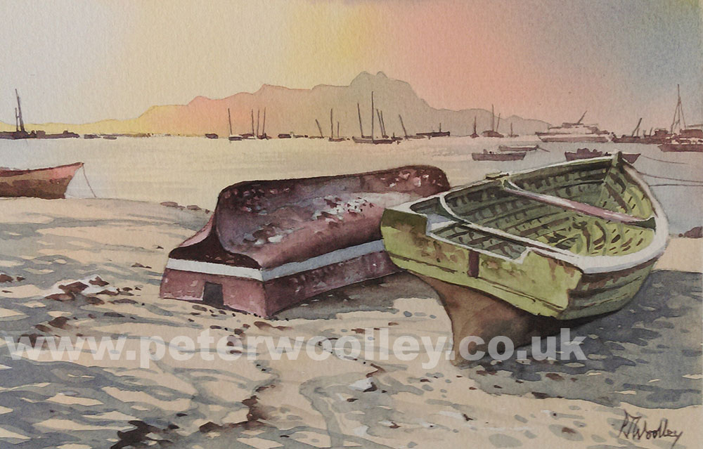 Boats in Mindelo, watercolour by Peter Woolley