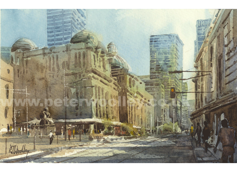 George Street Sydney, watercolour painting by Peter Woolley